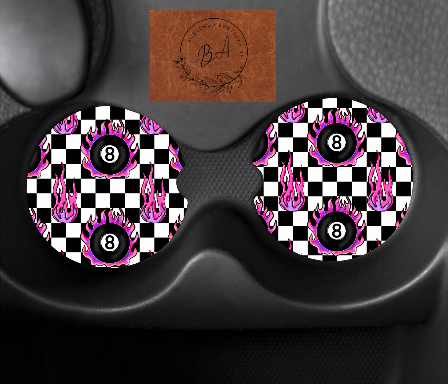 Checkered 8 Ball Flames Car Coaster Sets