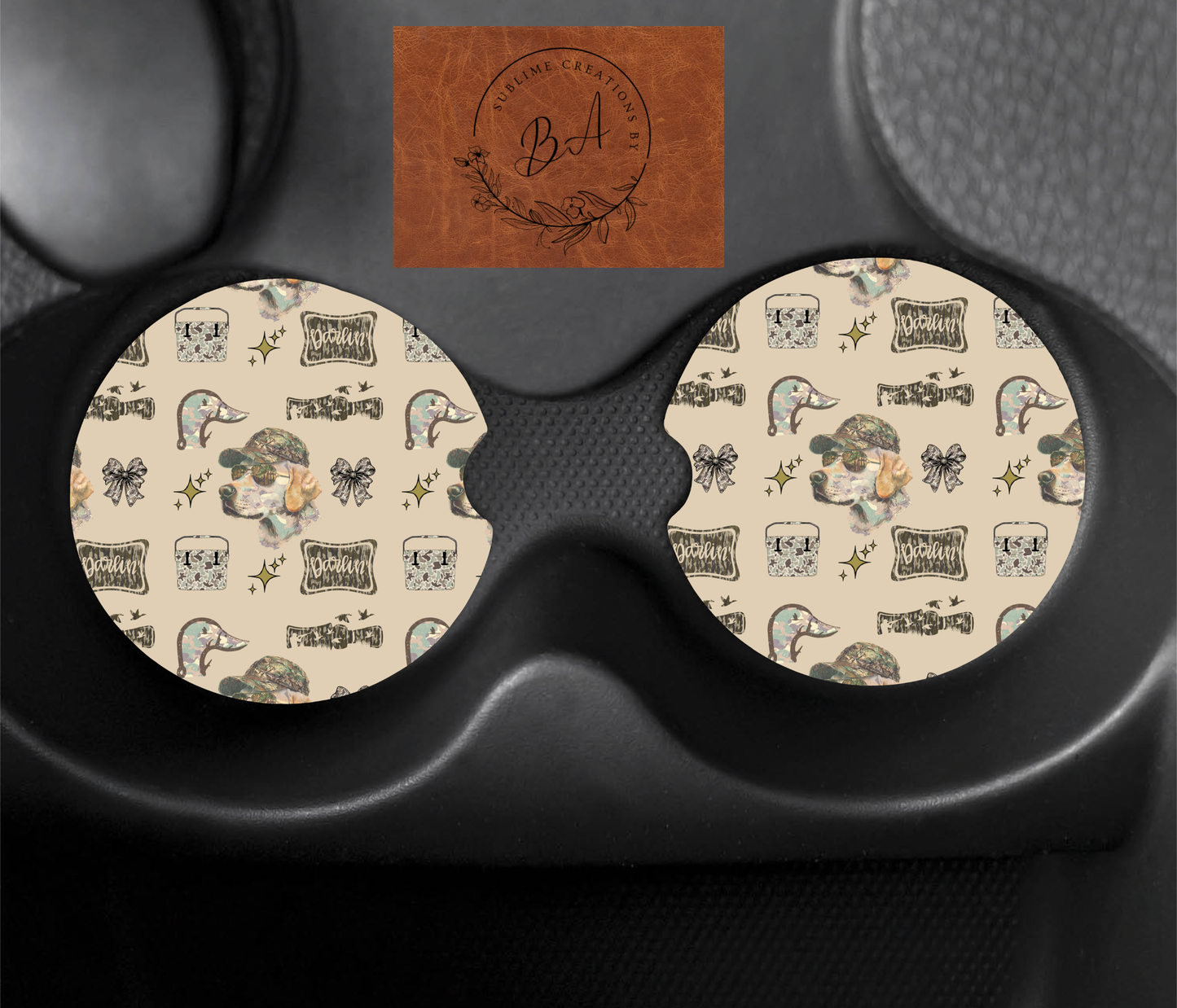 Camo Hunting Dog Seamless Car Coaster Sets
