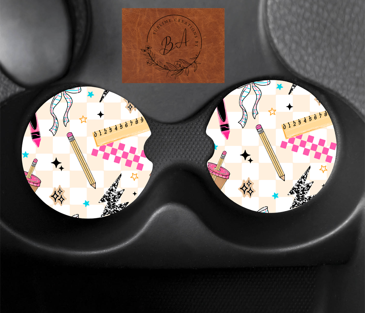 Caffeinate and Teach Seamless Car Coaster Sets