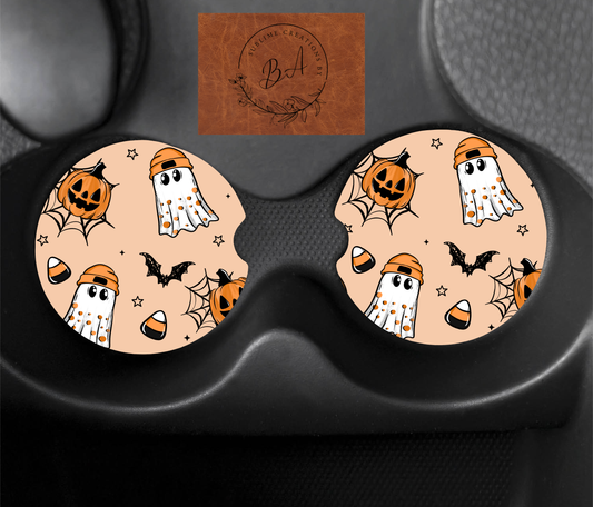 Candy Corn Beanie Ghost Seamless Car Coaster Sets