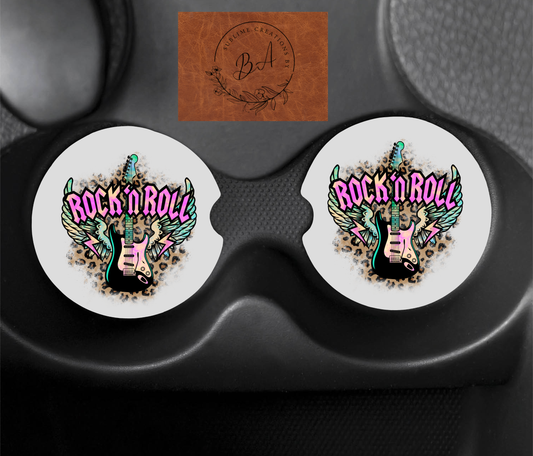 Rock n Roll Guitar Print Car Coaster Set