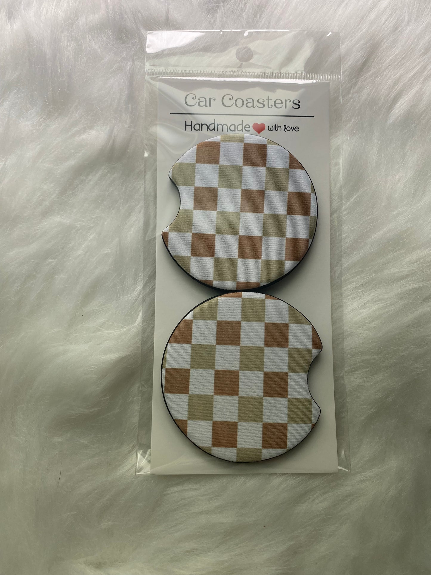 Terracotta Tan Checkered Seamless Car Coaster Set