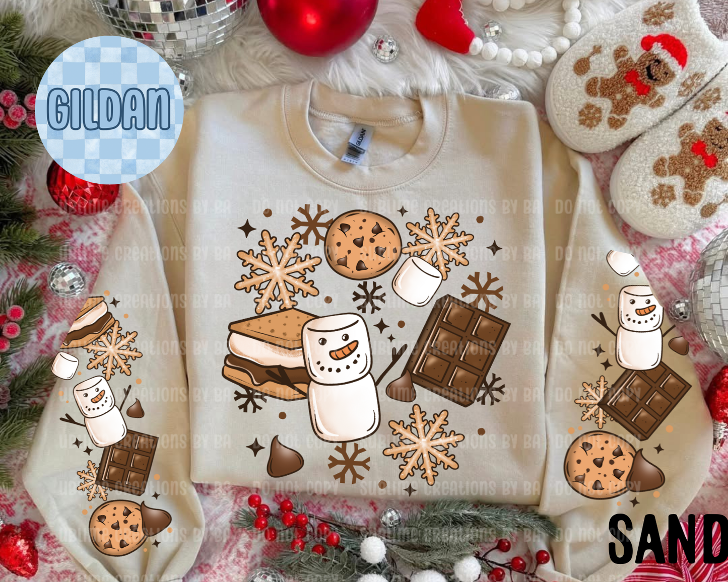 Snowman S'mores Collage Adult Sweatshirt with Sleeve Print