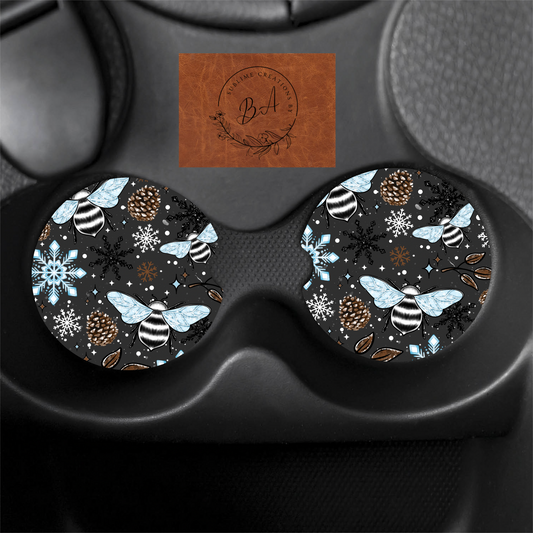 Winter Bees Print Car Coaster Set