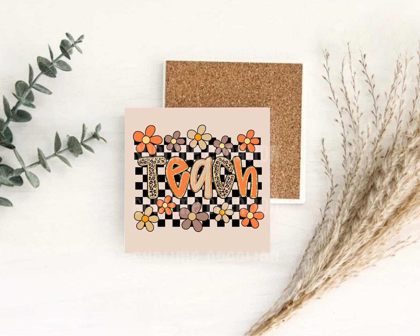 Preppy Floral Checkered TEACH Desk Coaster