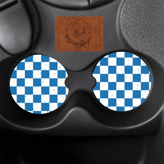 Blue Checkered Seamless Car Coaster Set