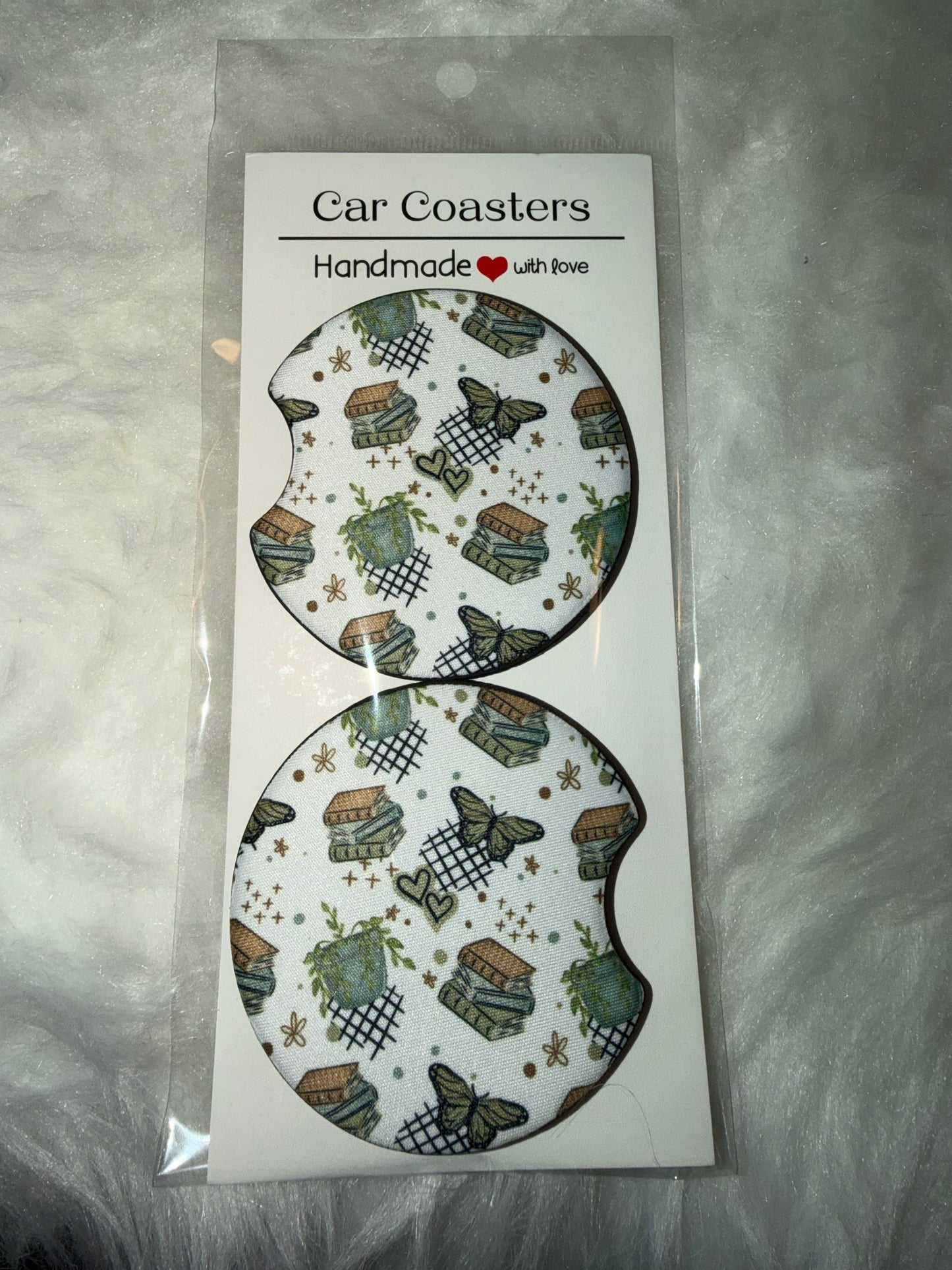 Book and Plants Star Seamless Print Car Coaster Set