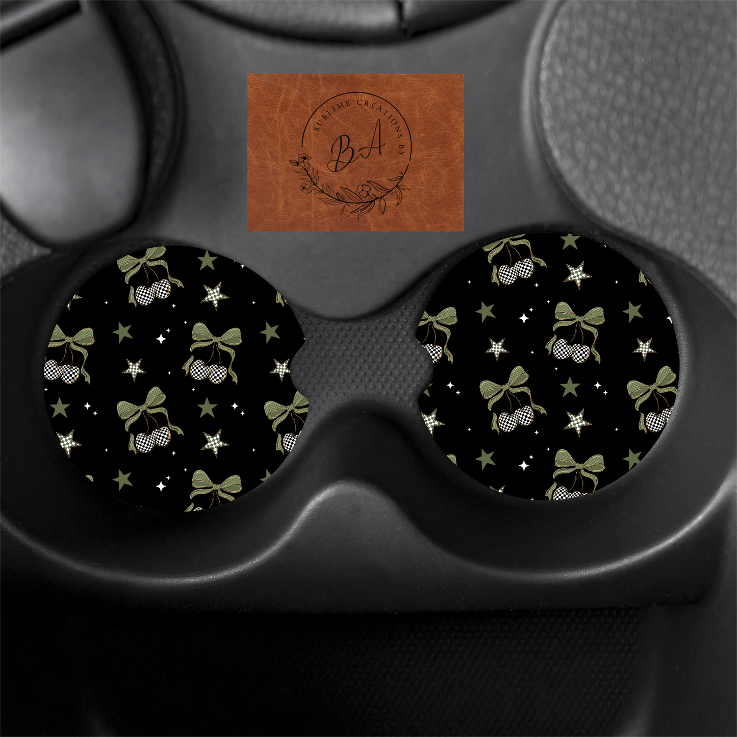 Checker Cherries Print Car Coaster Set