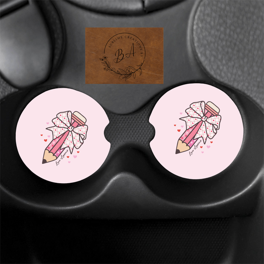 Pencil Valentine Print Car Coaster Set