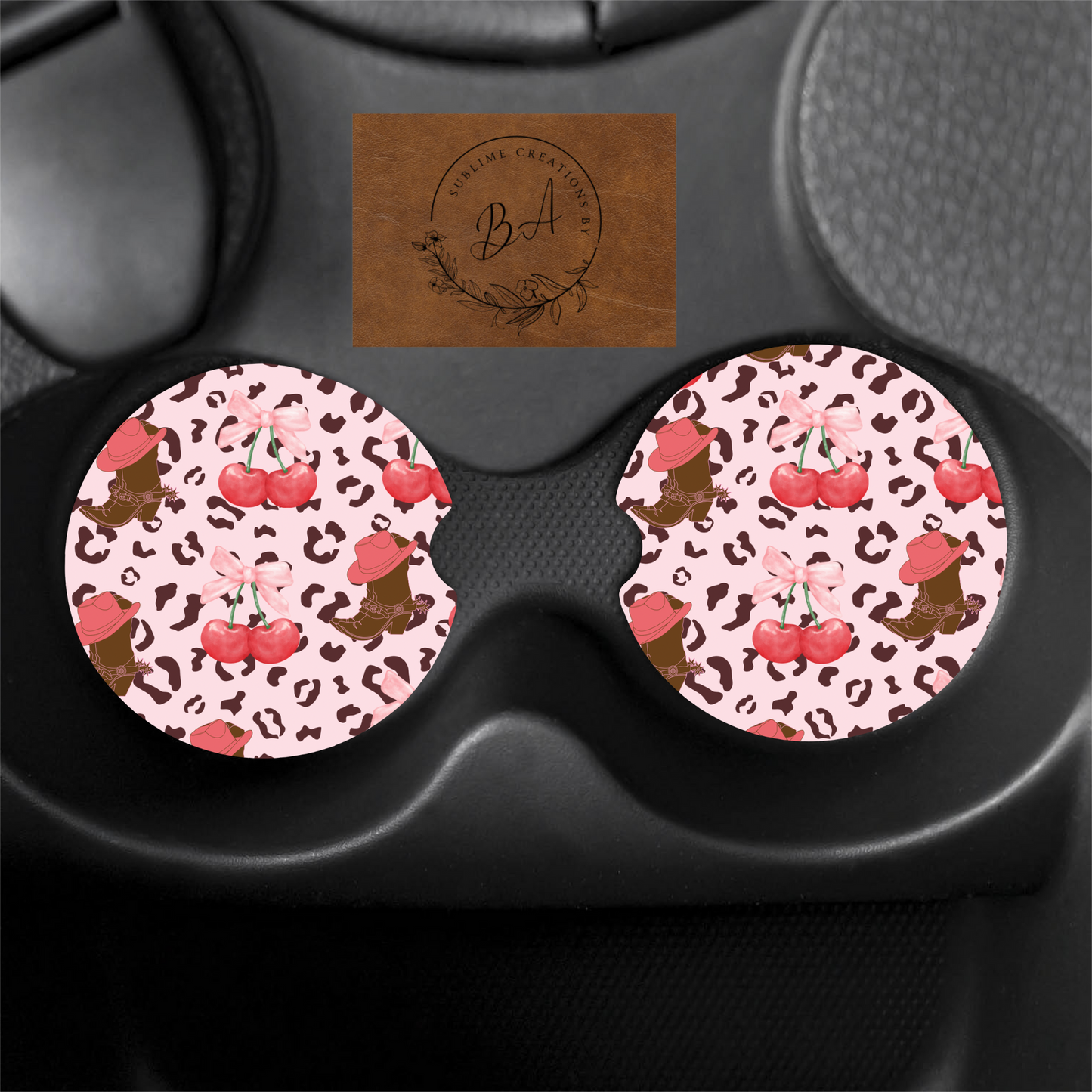 Cowgirl Leopard Cherry Print Car Coaster Set