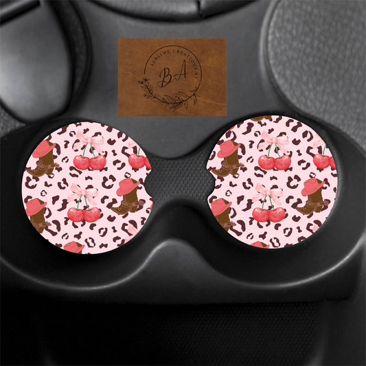 Cowgirl Leopard Cherry Print Car Coaster Set