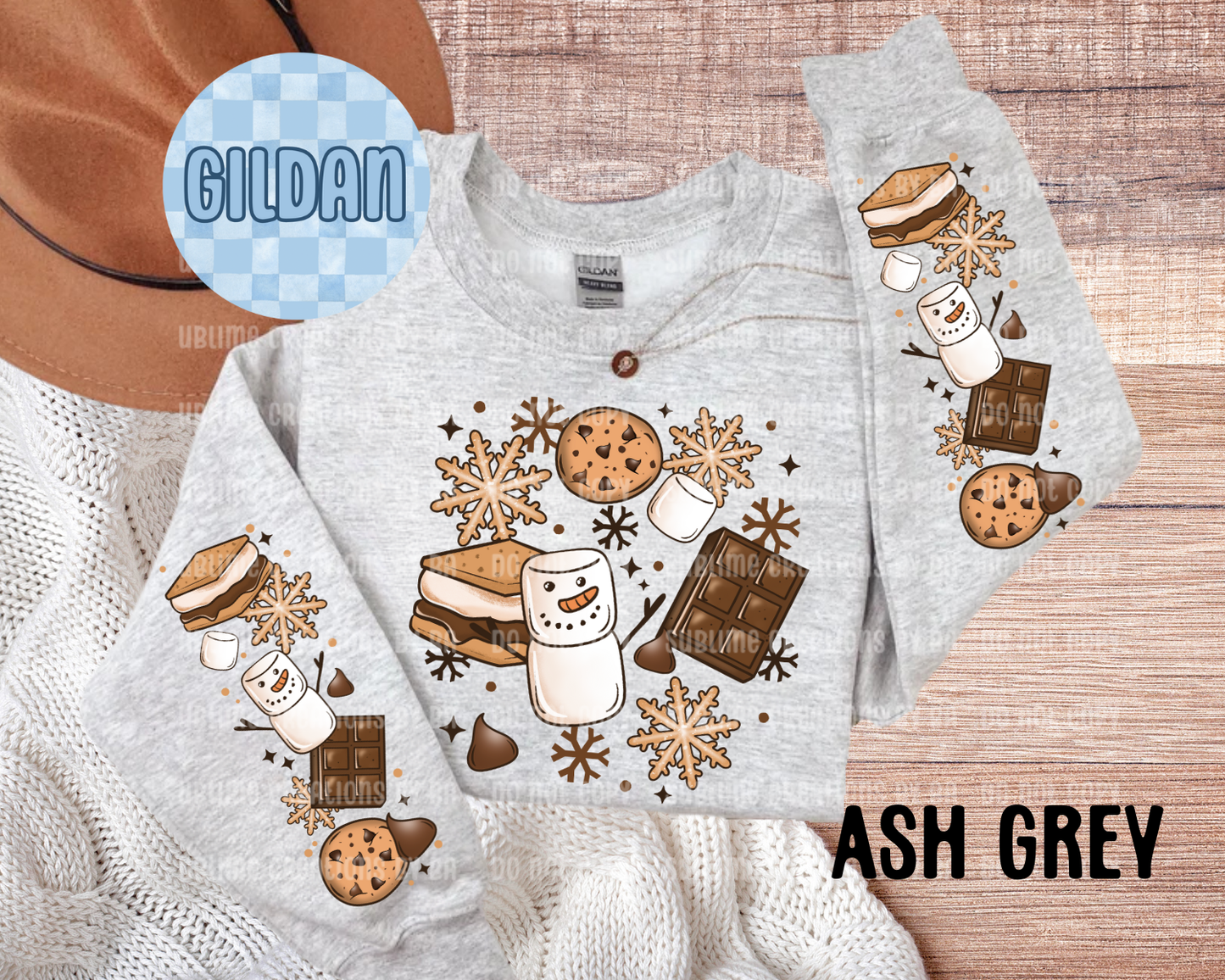 Snowman S'mores Collage Adult Sweatshirt with Sleeve Print