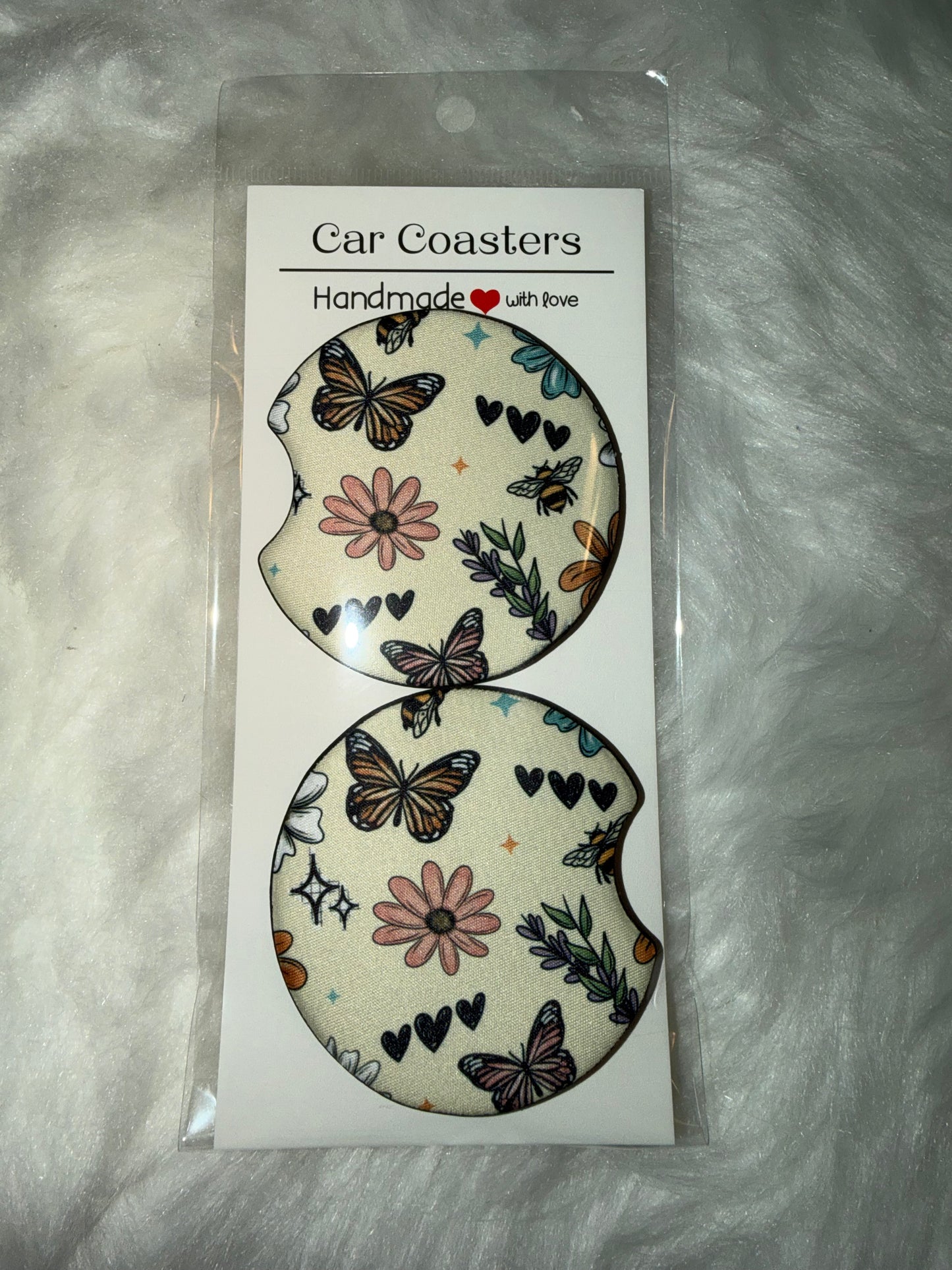 Floral Bees and Butterflies Seamless Print Car Coaster Set