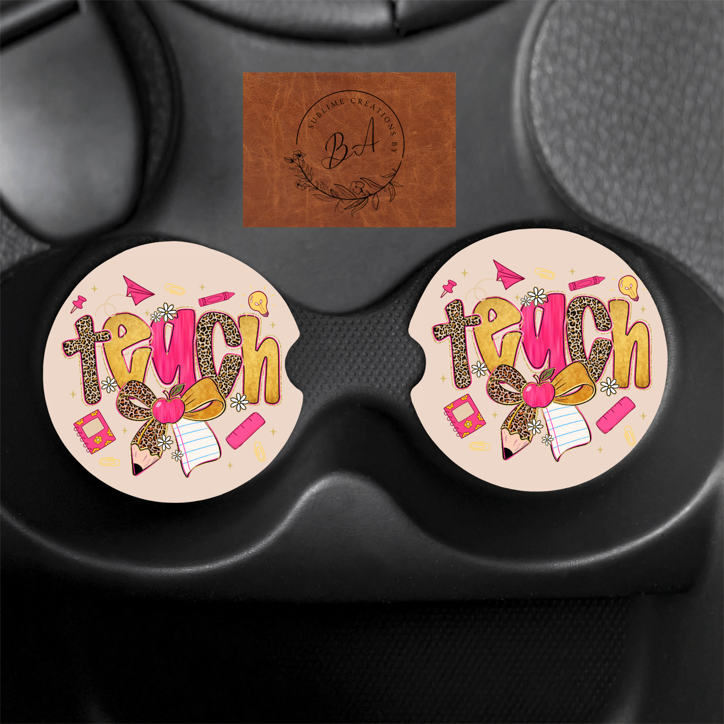 Preppy Leopard TEACH Print Car Coaster Set