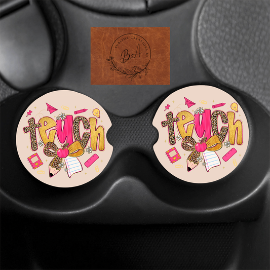 Preppy Leopard TEACH Print Car Coaster Set