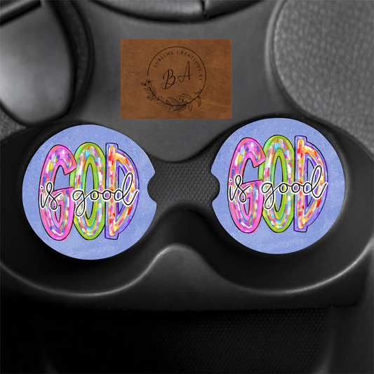 "God is Good" Print Car Coaster Set