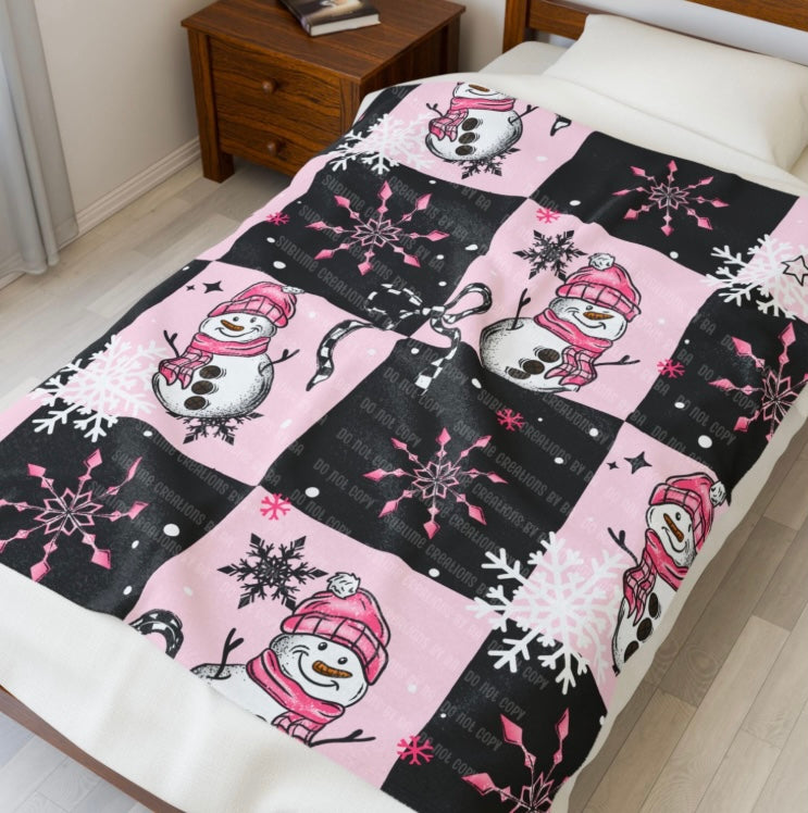Pink Snowman Sherpa Blanket, Velveteen Plush Blanket
