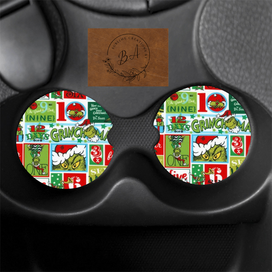 Green Christmas Print Car Coaster Set