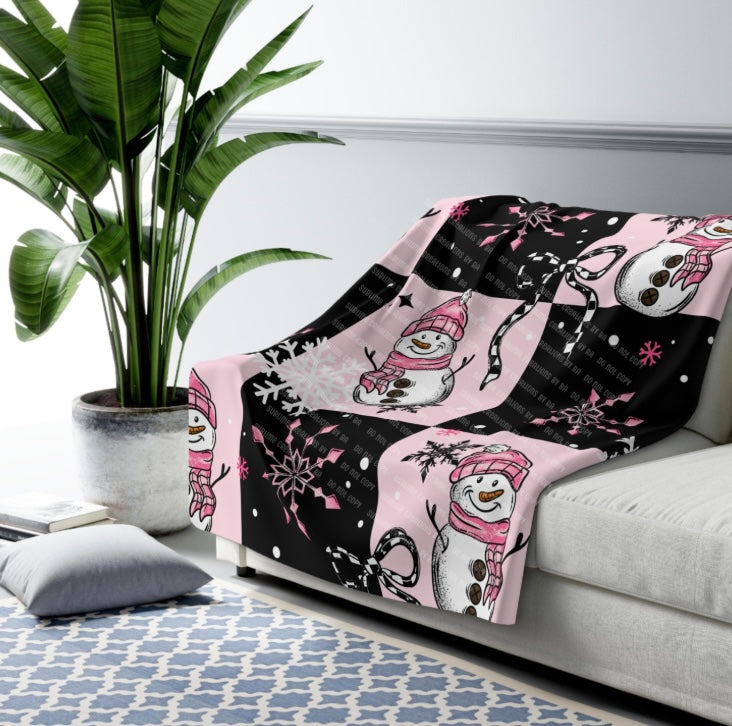 Pink Snowman Sherpa Blanket, Velveteen Plush Blanket