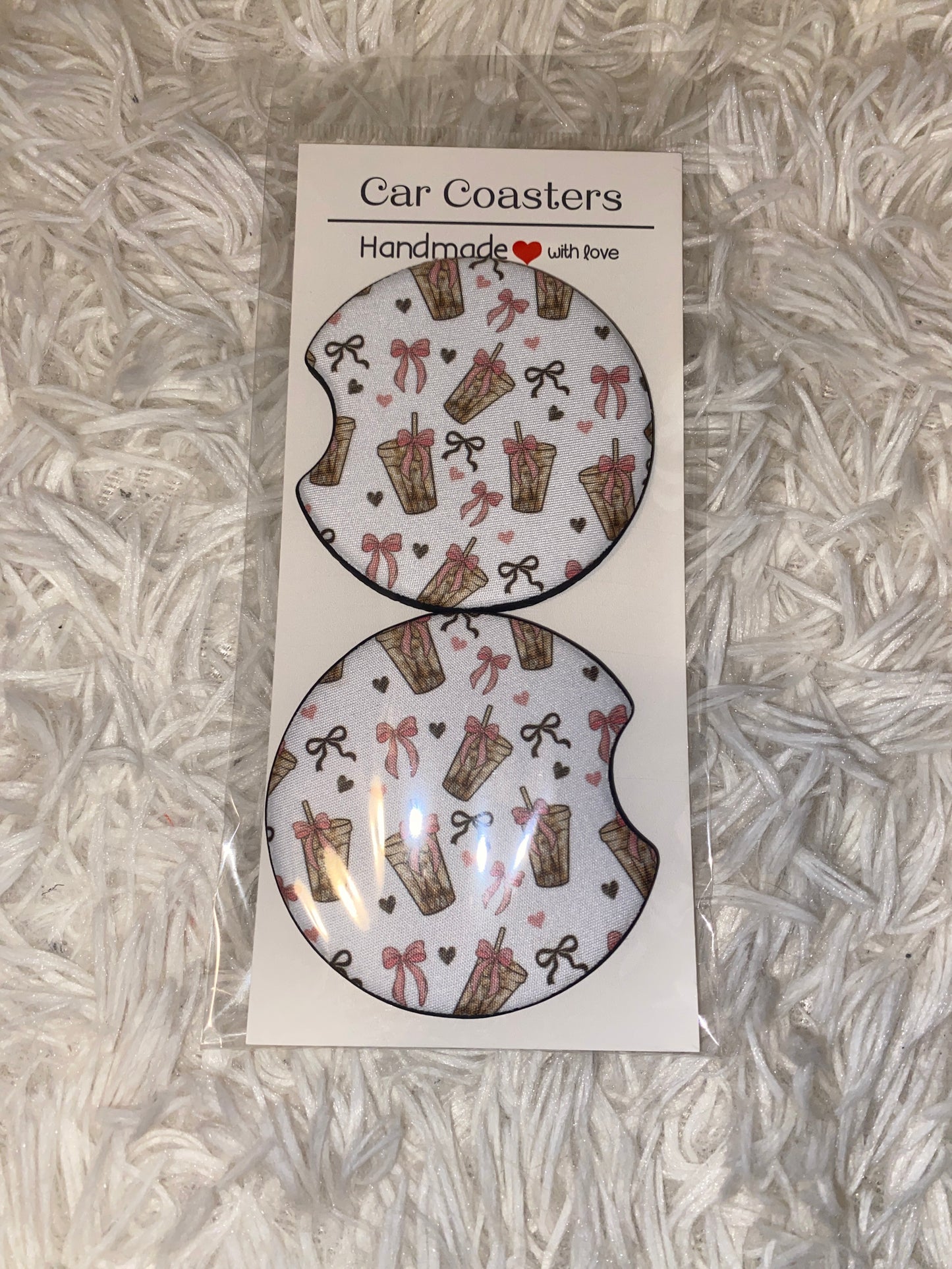 Bow Iced Coffee Print Car Coaster Set