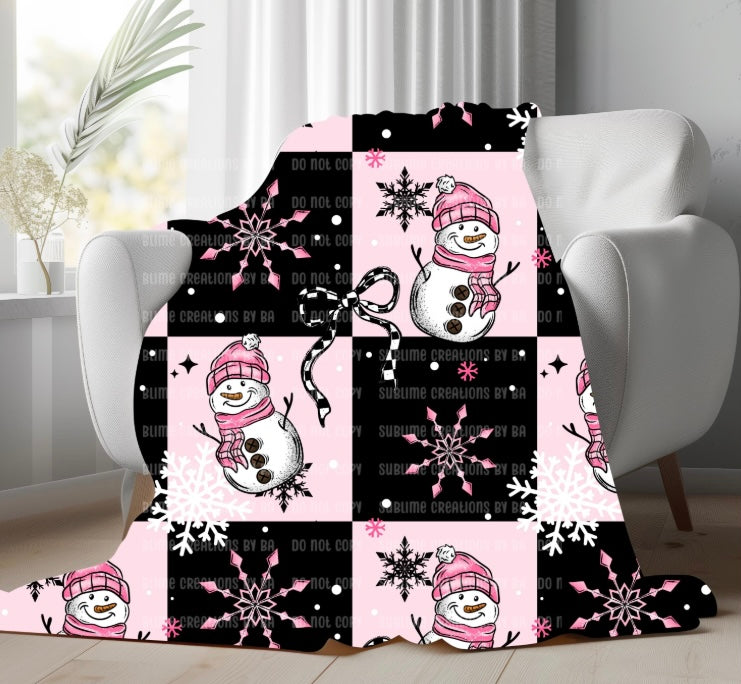 Pink Snowman Sherpa Blanket, Velveteen Plush Blanket