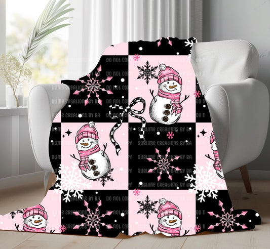 Pink Snowman Sherpa Blanket, Velveteen Plush Blanket