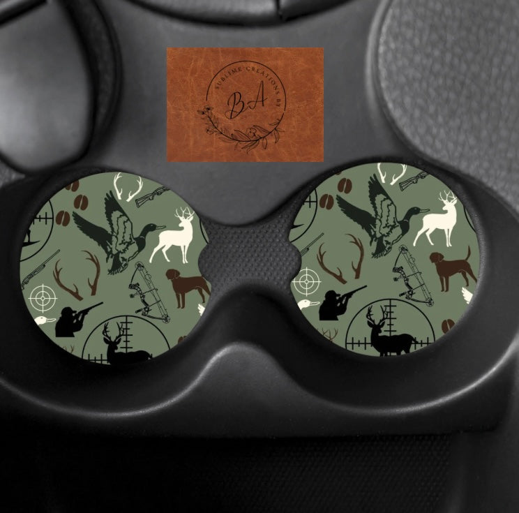 Green Hunting Print Car Coaster Set