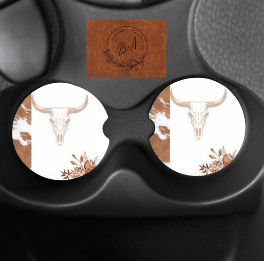 Skull Cow Print Car Coaster Set