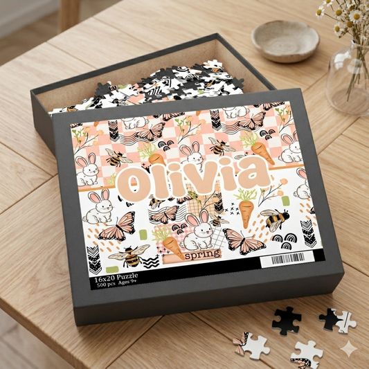 Spring Checker Bunny Personalized Puzzle