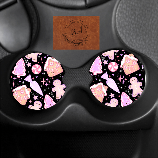 Pastel Gingerbread Print Car Coaster Set