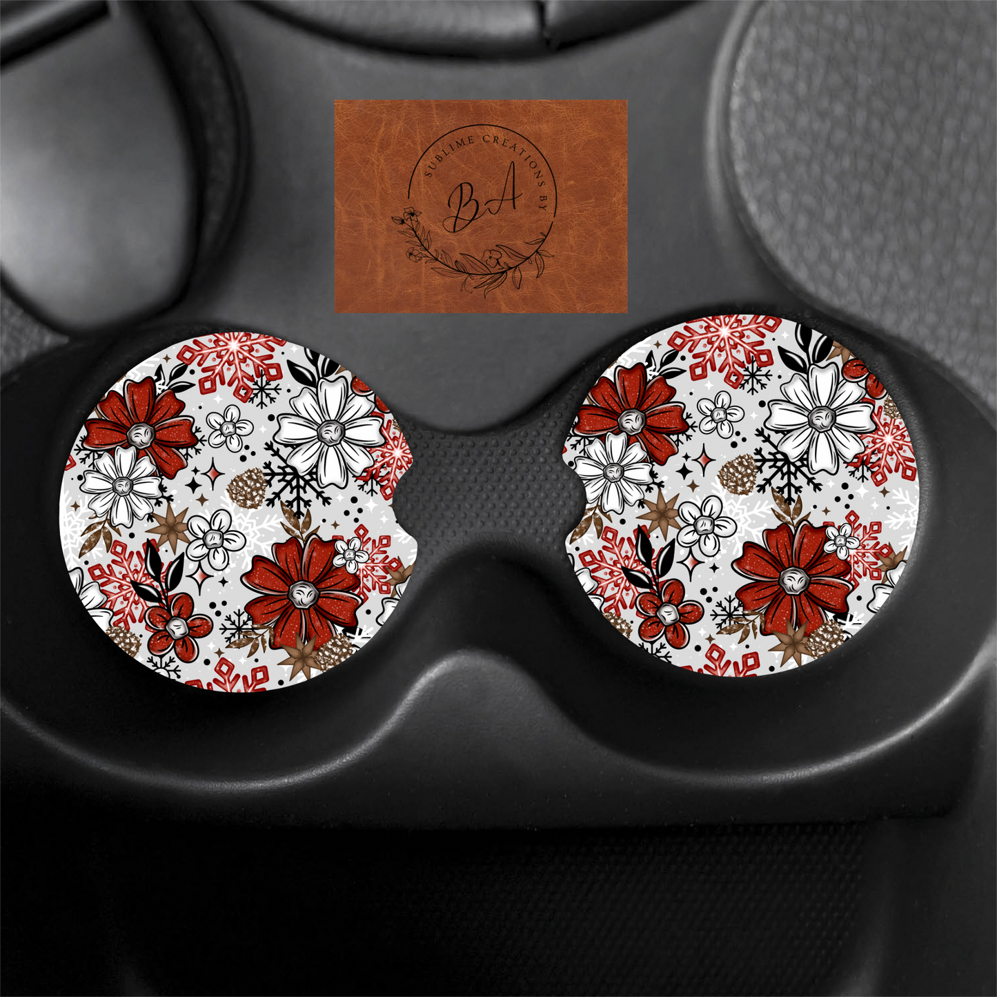 Christmas Florals Print Car Coaster Set