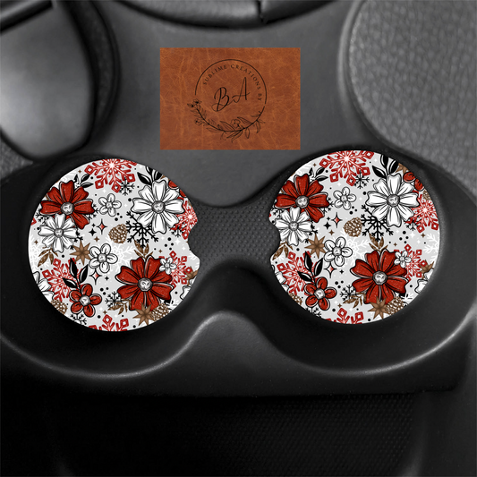 Christmas Florals Print Car Coaster Set