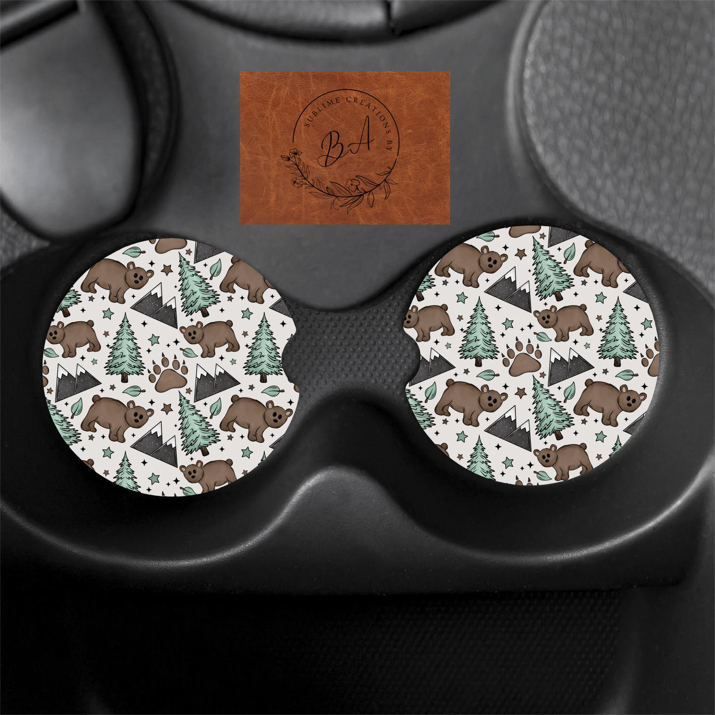 Bears and Trees Print Car Coaster Set