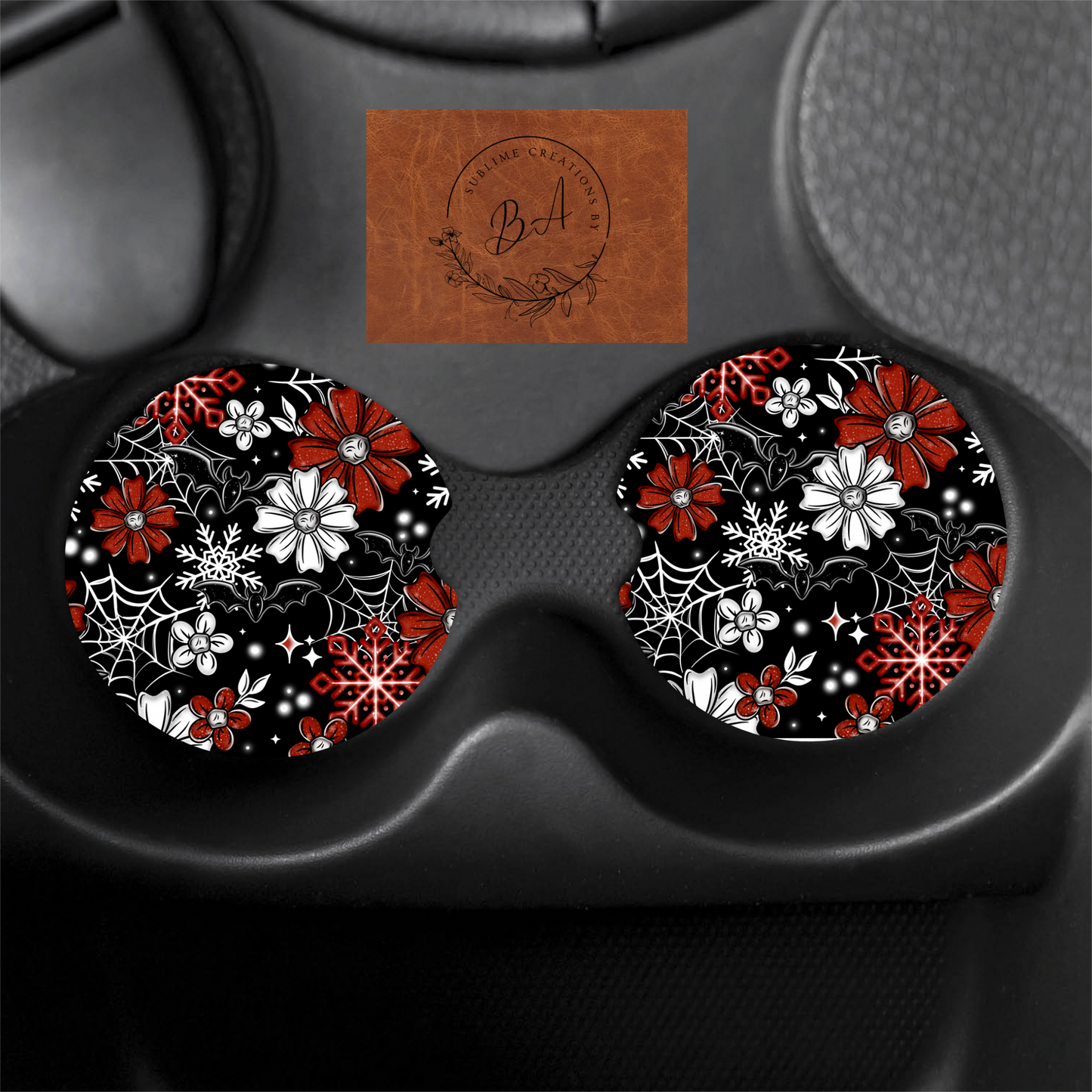 Bat Christmas Florals Print Car Coaster Set