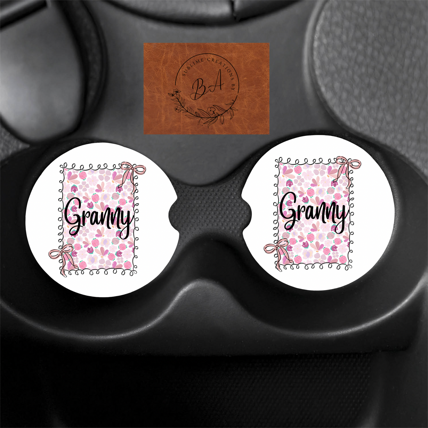 Granny Bow Print Car Coaster Set