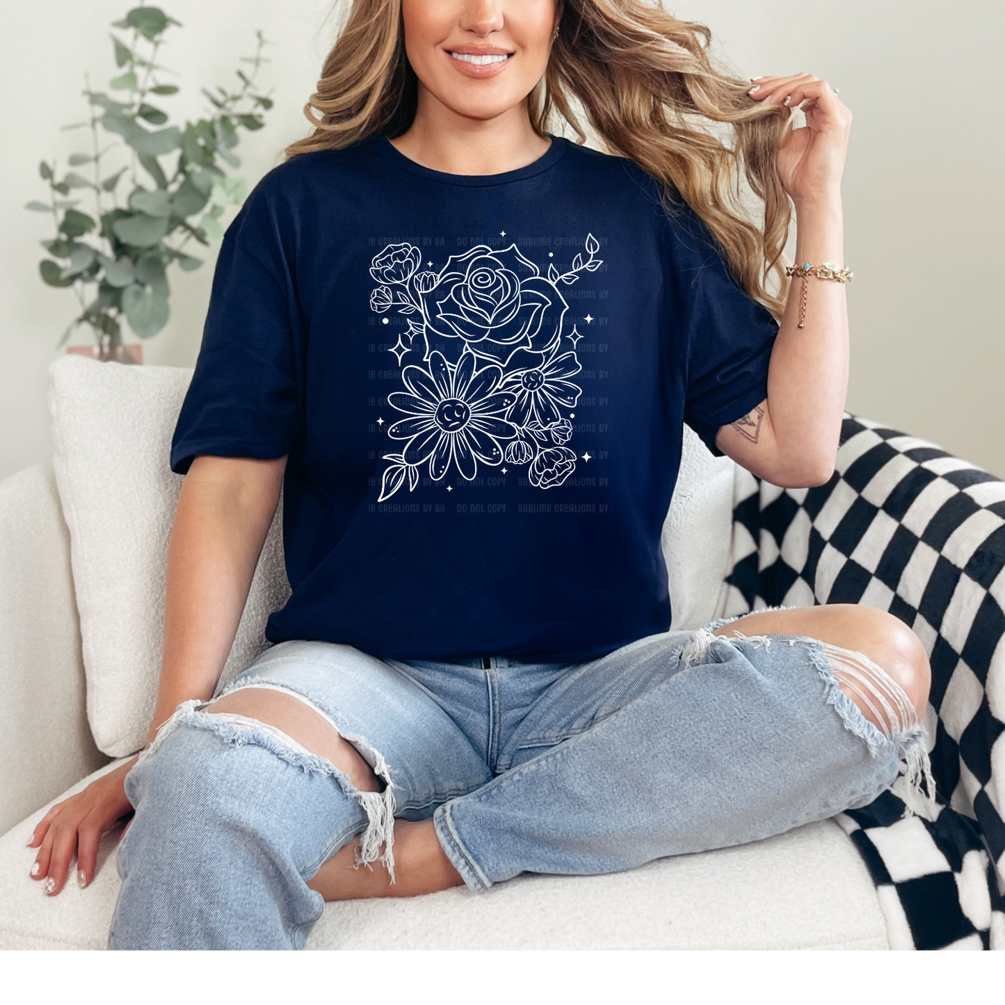 Floral White Outline Single Tee