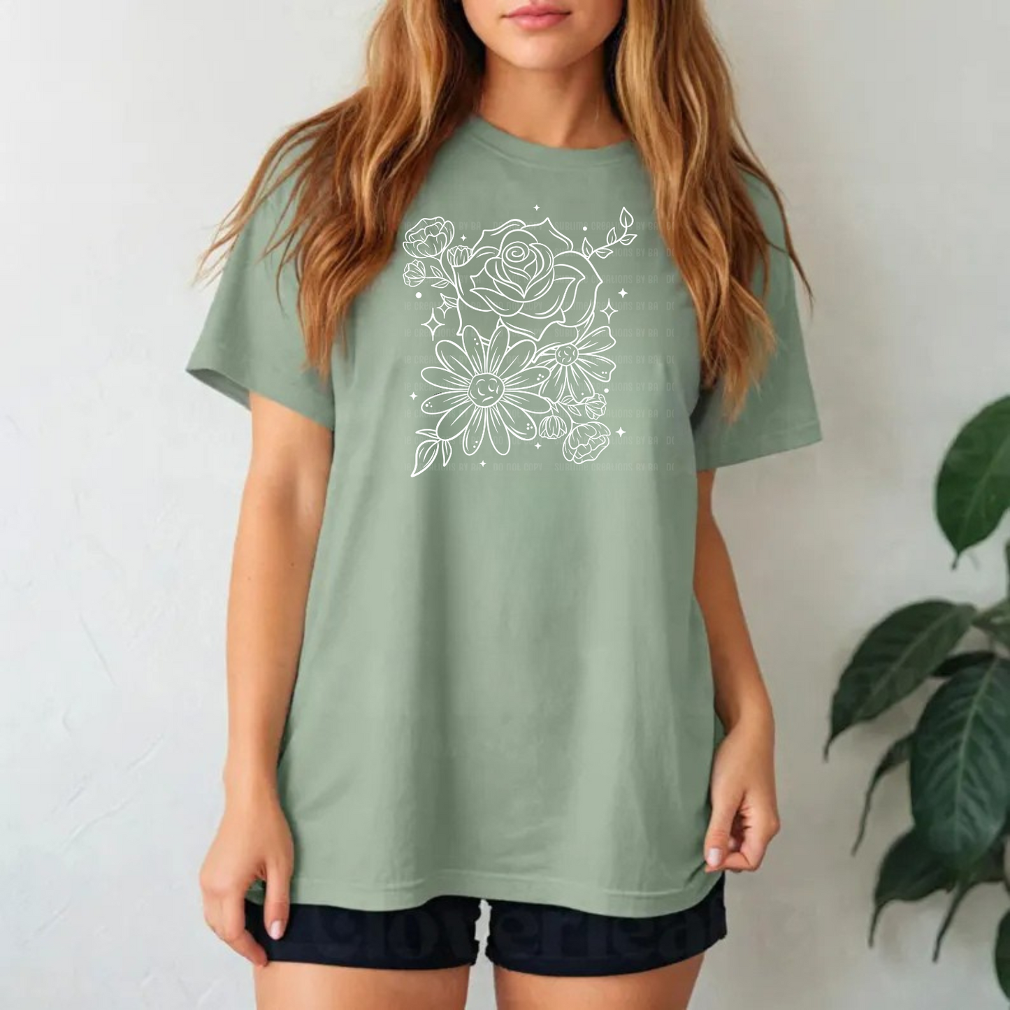 Floral White Outline Single Tee