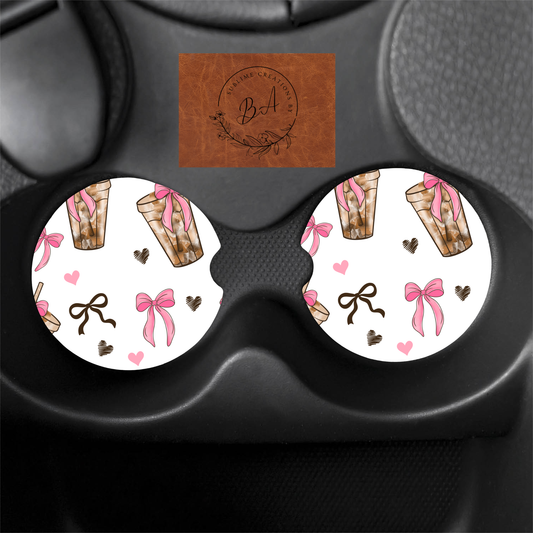 Bow Iced Coffee Print Car Coaster Set