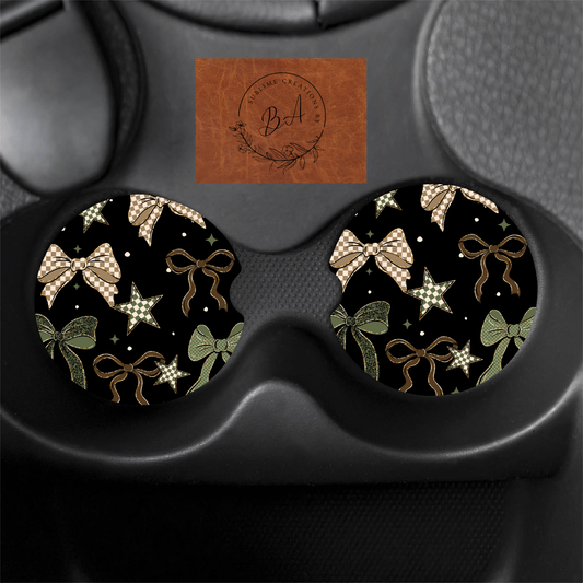Green and Brown Bows Seamless Print Car Coaster Set