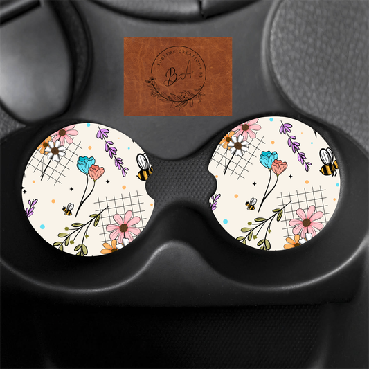Wildflowers and Bees Seamless Print Car Coaster Set