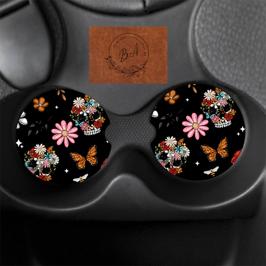 Floral Skull Seamless Print Car Coaster Set