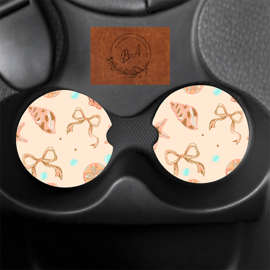 Bow and Shells Seamless Print Car Coaster Set