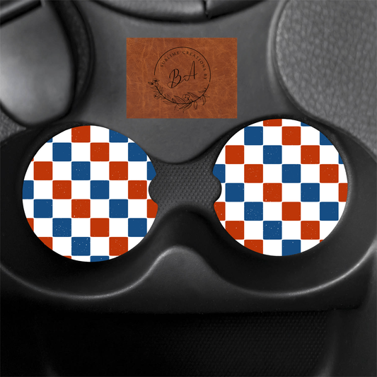 Red White Blue Checkered Seamless Print Car Coaster Set
