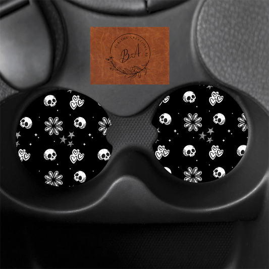 B&W Doodles Seamless Print Car Coaster Set