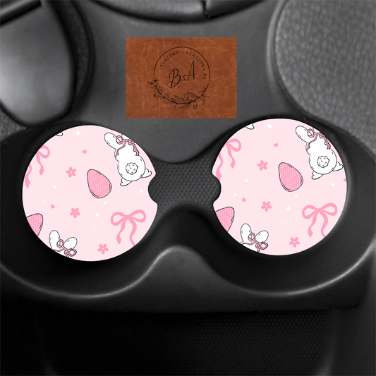 Pink Bunnies and Bows Print Car Coaster Set