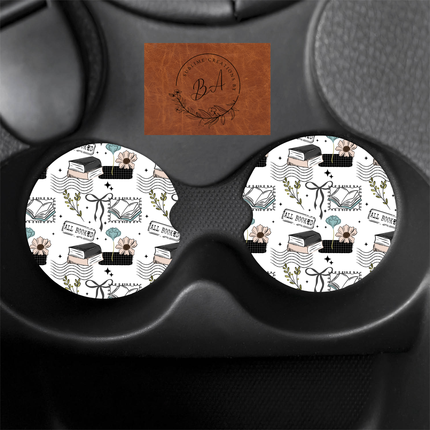 All Booked Seamless Print Car Coaster Set