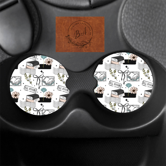All Booked Seamless Print Car Coaster Set