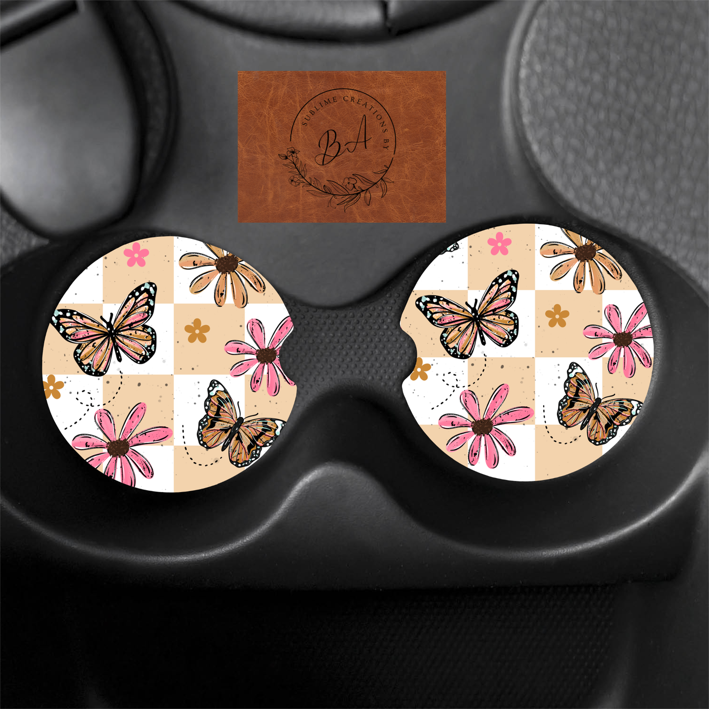 Checker Butterfly Seamless Print Car Coaster Set