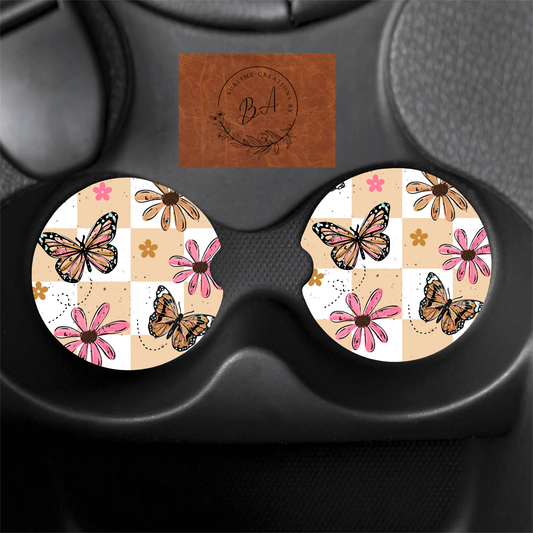 Checker Butterfly Seamless Print Car Coaster Set