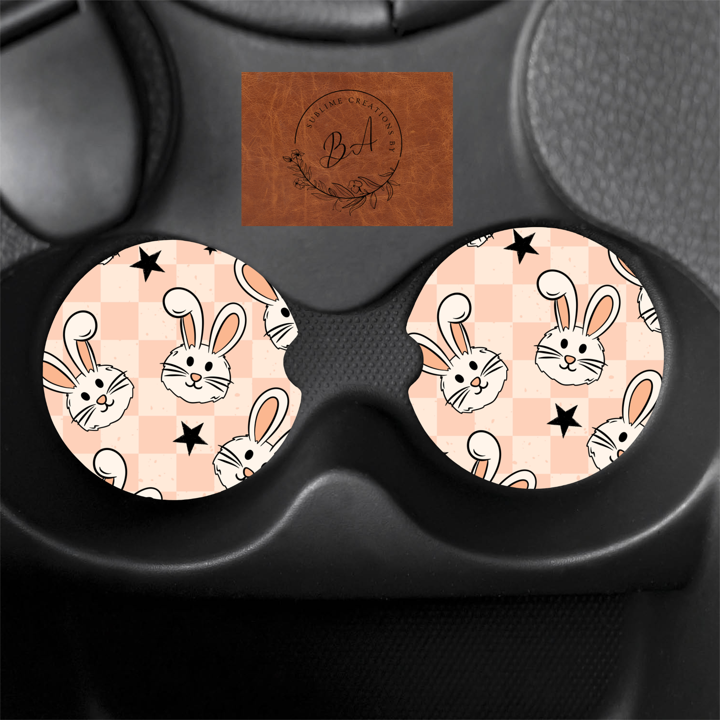 Peach Bunnie Print Car Coaster Set